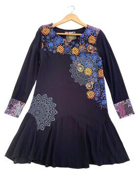 Desigual Black Floral Mandala Boho Flounce Hem Long Sleeve Dress Size 40 Colorfu